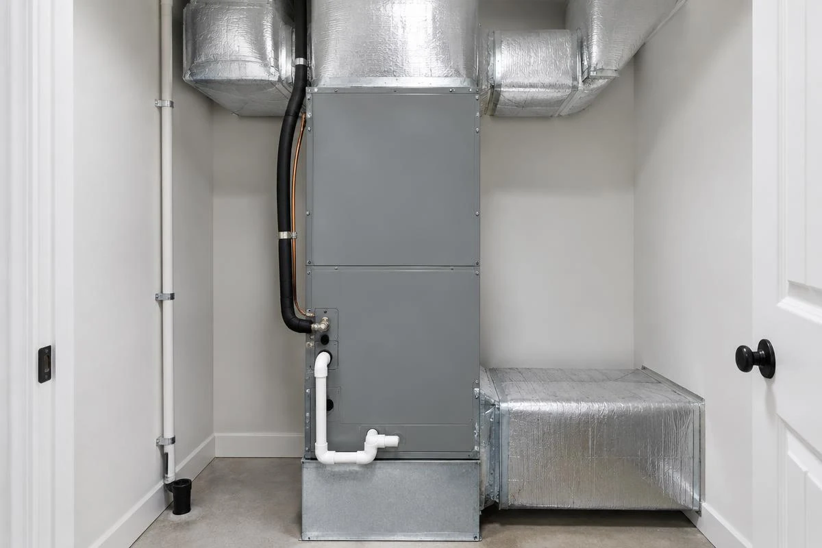 Indoor air handler connected to central AC ductwork
