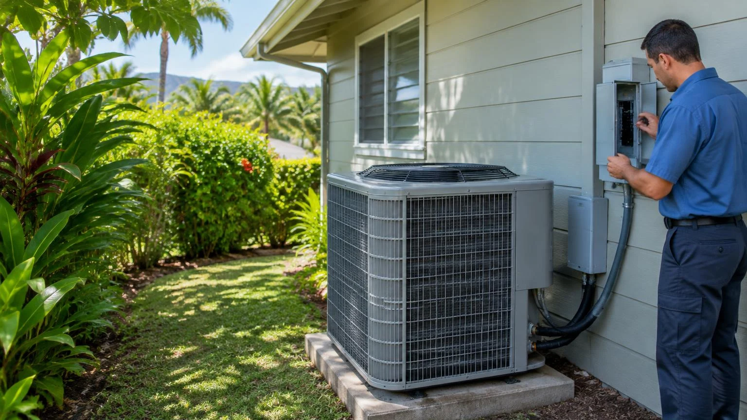 Technician checking a service panel beside an outdoor central air conditioning condenser