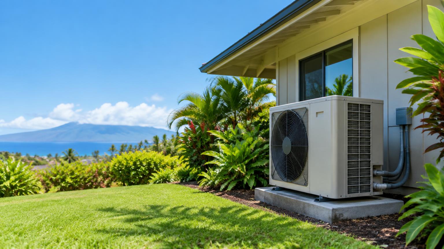 Heat pump outdoor unit beside a Maui home