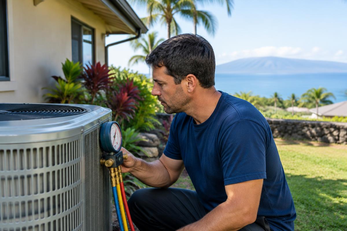 HVAC technician inspecting a heat pump in a Maui home