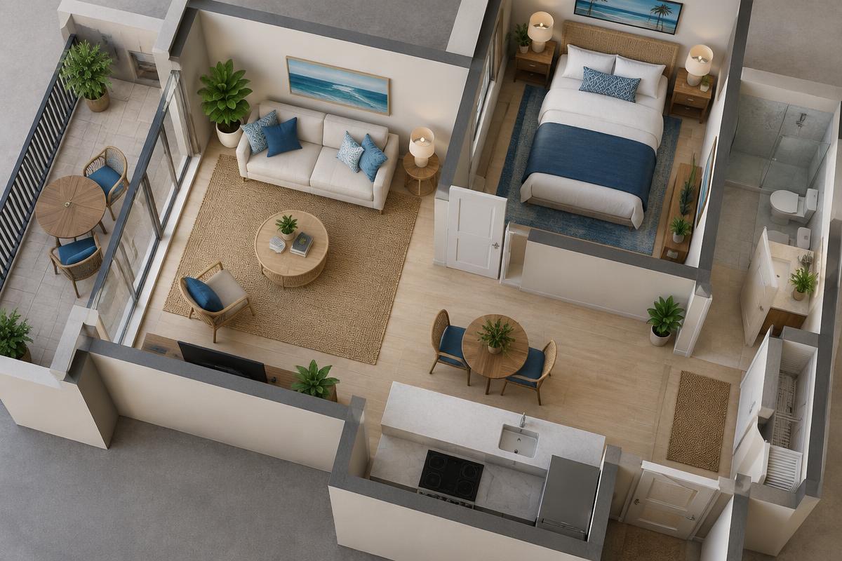 Small Kihei condo layout with living and bedroom cooling zones