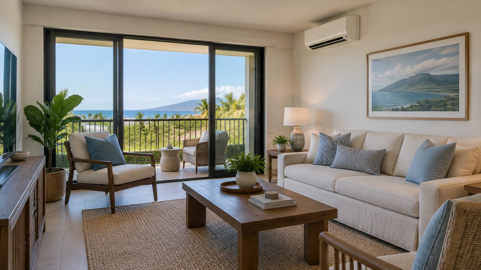 Wall-mounted mini-split cooling a Maui condo living room
